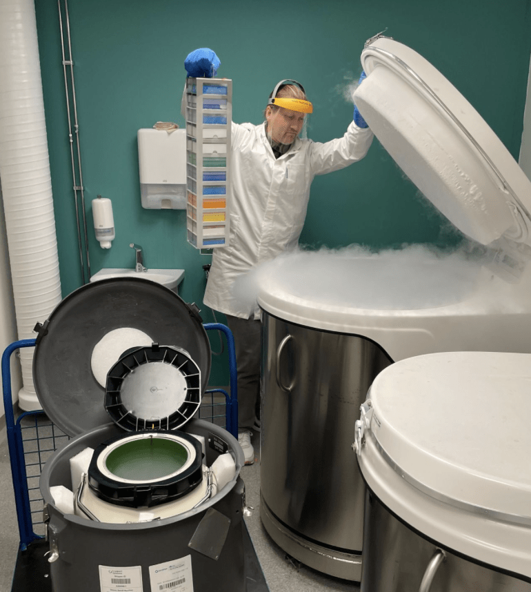 DDD employee opening a cryovessel for storage of cells.