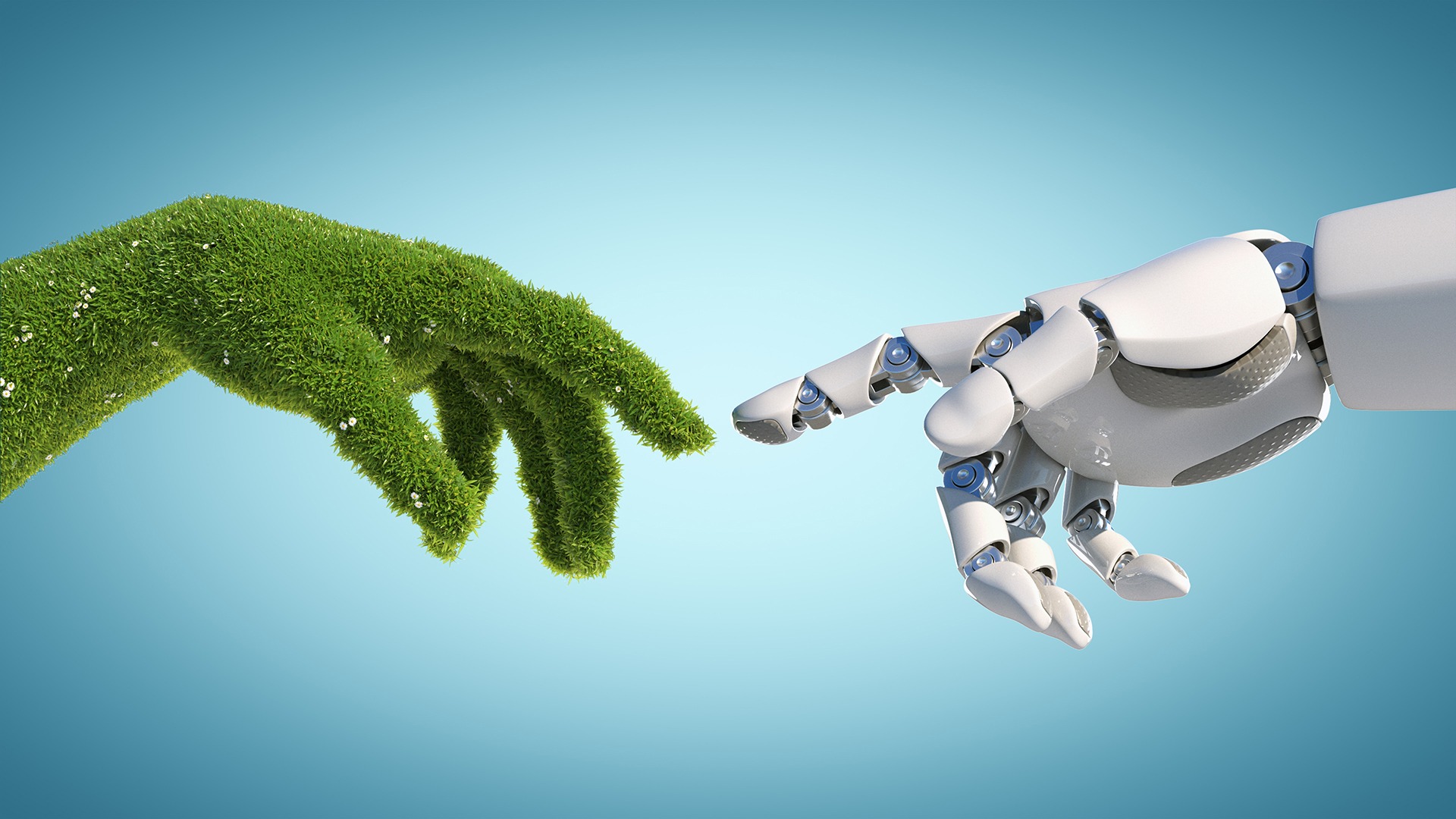natural green-looking hand reaching out for a robotic-looking hand