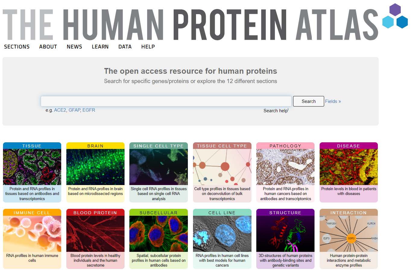 Screenshot of the human protein atlas website