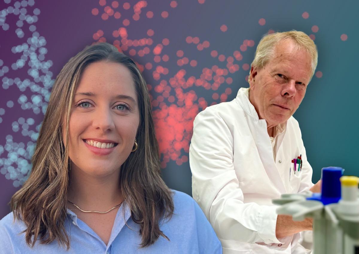 Montage of Maria Bueno Alvez and Mathias Uhlén, and part of a volcano plot (a graph) in different colors in the background