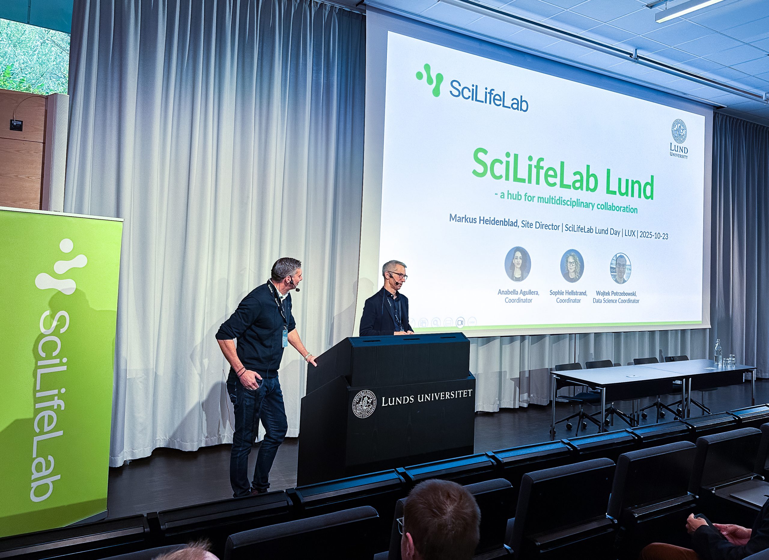 Markus Heidenblad, Site Director at SciLifeLab Lund, and Jan Ellenberg, SciLifeLab Director, presenting and the text "SciLifeLab Lund" is visible on the screen behind them.