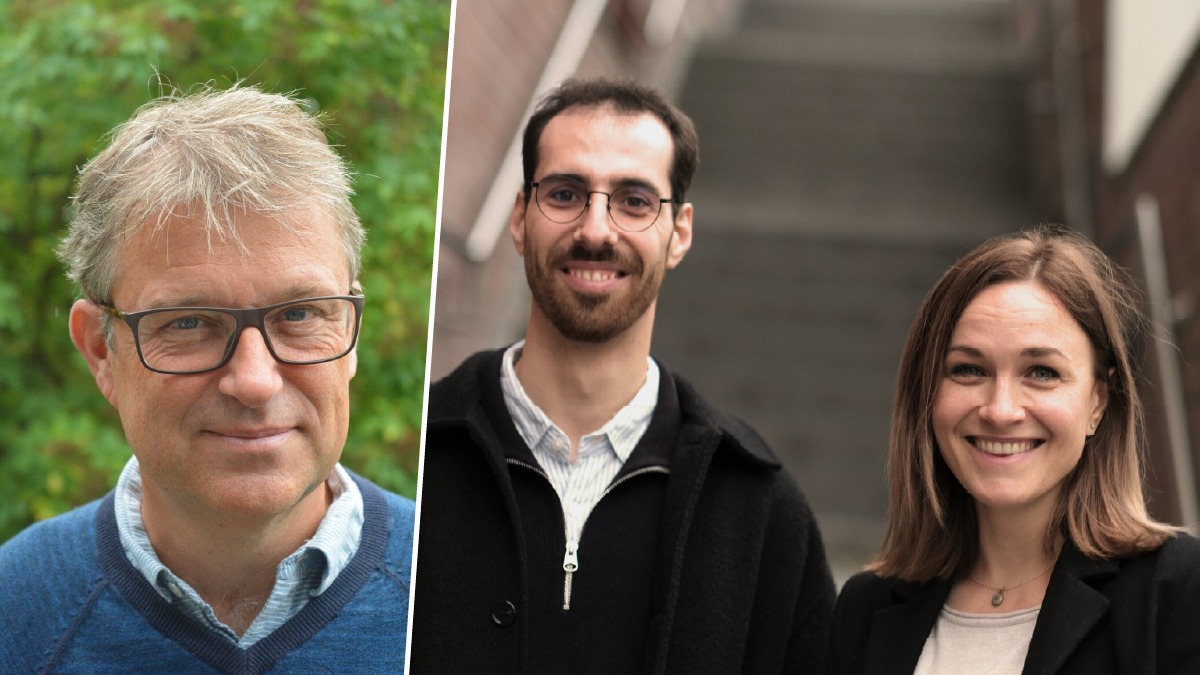 Montage of a Joakim Lundeberg portrait with green background, and a photo of Photo of Raphaël Mauron & Enikő Lázár with a blurry staircase in the background.