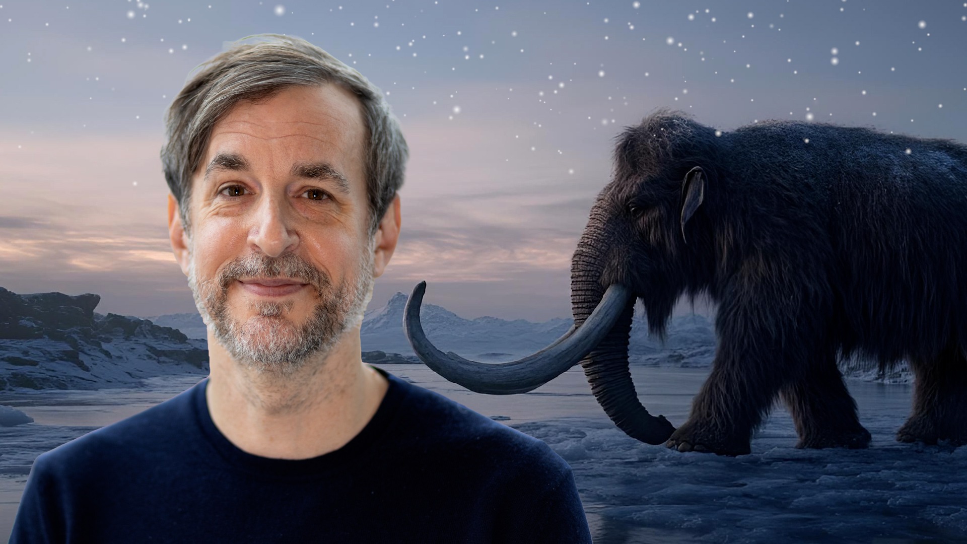Montage of a woolly mammoth in a icy landscape and a portrait of Marc Friedländer