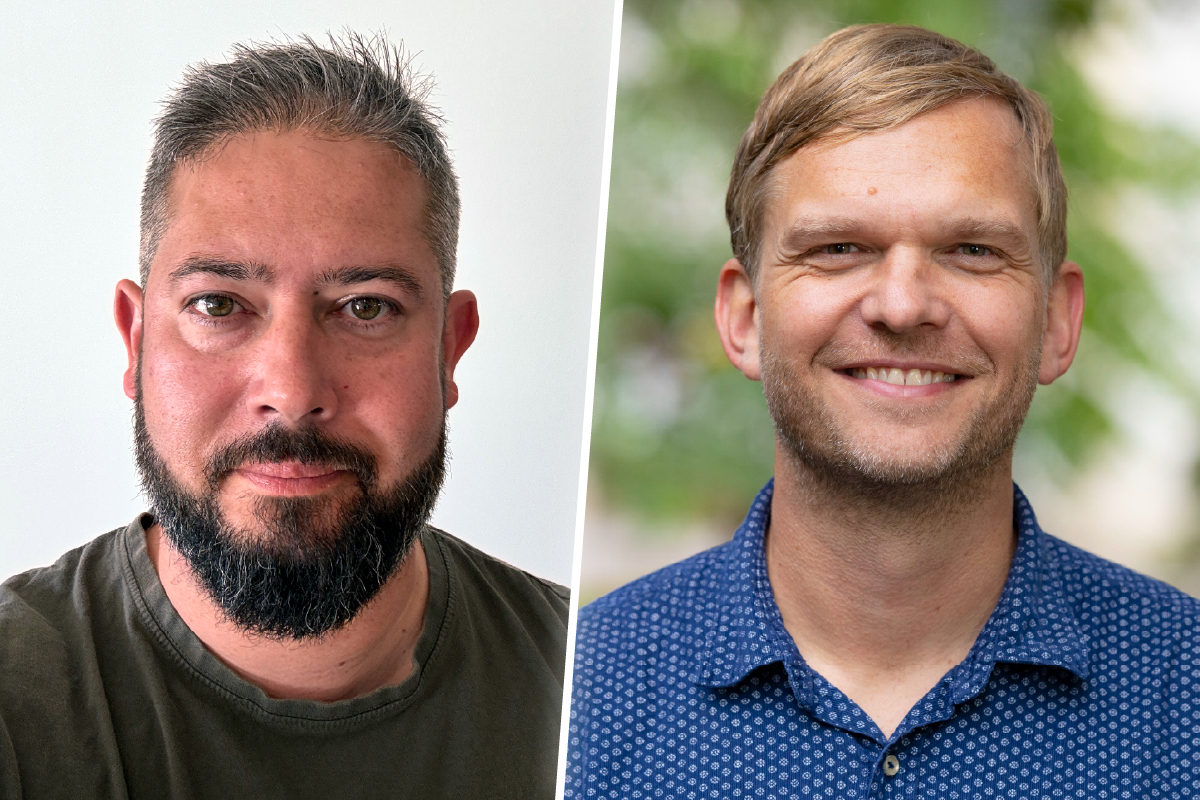 Two portraits of Israel Cabeza de Vaca and Jens Carlsson, seperated by a white line. Cabeza de Vaca has a one-colored background, Carlsson has blurry greenery in the background.
