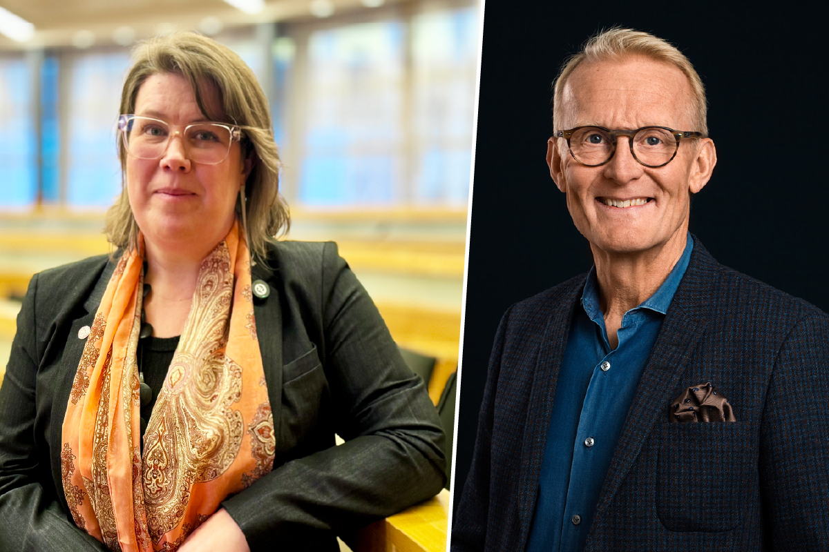 Seperate portraits of Sara Mangsbo and Johan Christenson, next to eachother. Sara is standing in a lecture hall with empty seats and Johan has a dark one-colored background.