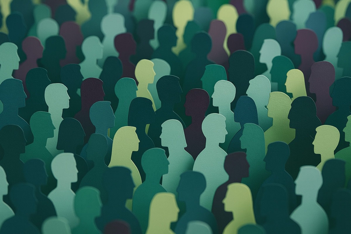 Illustration of lots of one-colored people, in the SciLifeLab brand colors teal, grape, lime and aqua.