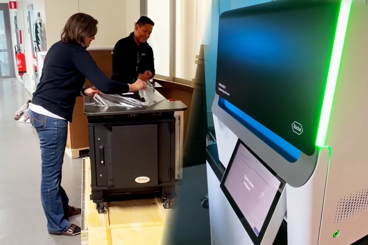 Montage of 1. a closeup of the AXELIOS 1 system, and 2. two people in a corridoor unpacking the system from a wooden box.