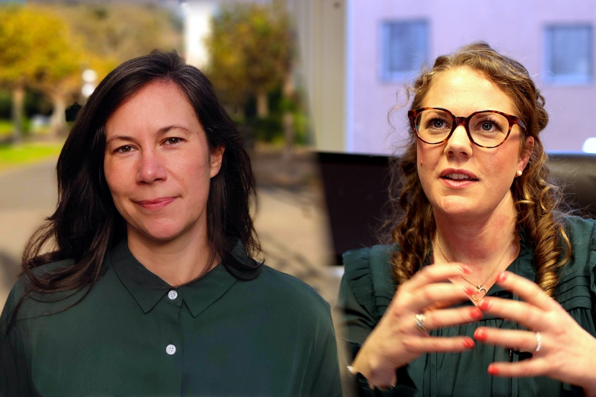 Montage of Iskra Pollak Dorocic and Nina Ottosson. Iskra is standing outside with blurry trees in the distance, and Nina is sitting in an lab environment.